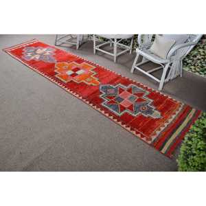 Vintage 2.5x11.3 ft Turkish <b>Red</b> Abstract <b>Wool</b> Rug Eco Friendly Patchwork Latex Backed - Product Image 4