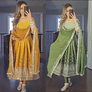 FULPARI最畅销的乔其纱Anarkali长袖礼服，棉质pent和dupatta，适合印度女性婚礼系列
