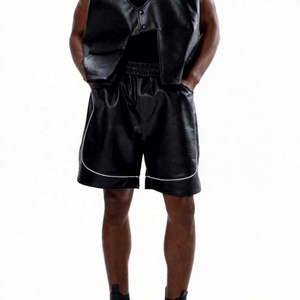 Black Color Good Quality OEM ODM Service Comfortable Casual Wear Made In Pakistan Elasticated Waistband Leather Shorts - Product Image 2