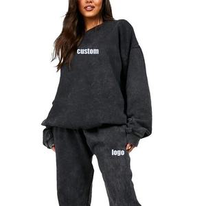 ผู้ผลิตที่กําหนดเองที่กําหนดเองกรดล้างระบายอากาศ Sweatsuit วอร์มผู้หญิงล้างเสื้อกันหนาวหมวก Joggers ชุด 2 ชิ้น - Product Image 4