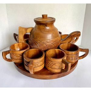 Juego de té de madera de palma de coco de estilo nórdico con olla y bandeja Logotipo personalizado Juegos de tetera y taza de madera de coco - Product Image 1
