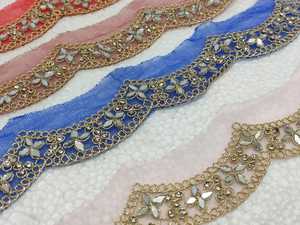 Gold Scalloped Edge Embroidered Mirror Work Lace <b>Trim</b> Luxury Fancy Cutwork Border for Saree Bridal Dress DIY Sewing Material - Product Image 3