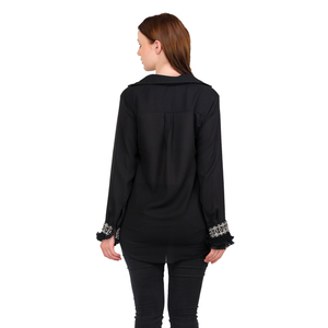 Modern Chic Black Women's Elegant Casual Office <b>Party</b> Wear Long-Sleeve Button-Up Lace Cuffs <b>Shirt</b> Ruffles Embellishment Beading - Product Image 6