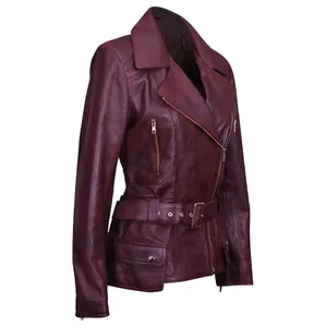 Veste moto en cuir véritable pour femme, col ouvert, manches longues, fermeture éclair, couleur unie, coupe classique, automne - Product Image 4