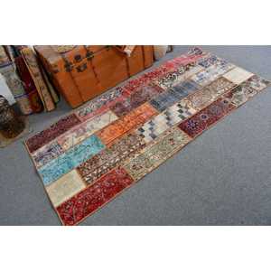 Tapis turc vintage, tapis de 3,1 x 6,8 pieds, tapis oriental en laine rouge et bleu - Product Image 1