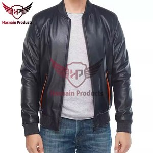 <b>Mens</b> Real Navy <b>Leather</b> Bomber <b>Jacket</b> Orange Piping Pockets Ribbed Collar Zip Front Sheepskin Coat Custom Varsity Winter Outer - Product Image 5