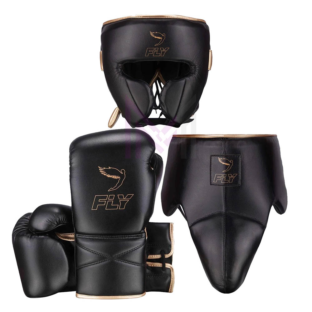 Custom Fly Boxing Set | Premium Leather Sparring Kit with Lace-Up Gloves, Body Protection &amp; Fighting Gear, Black &amp; Gold