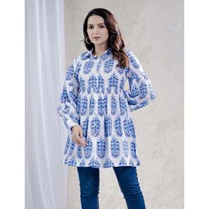Top Azul de Algodón con Estampado Butta Block Transpirable, Cintura Imperio, Estilo Casual - Product Image 1