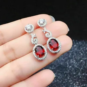 3 Ct Oval Cut Moissanite Red Garnet Drop & <b>Dangle</b> <b>Earrings</b> 925 Sterling <b>Silver</b> Trendy Claw Setting for Engagement & Party - Product Image 3