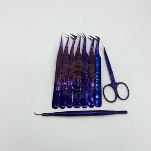 Ensemble de pince à épiler d'extension de cils professionnel de haute qualité motif de diamant de Plasma violet étiquette personnalisée faite à la main durable pointue - Product Image 3