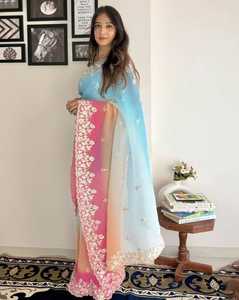 Sari de diseñador de Bollywood elegante y tradicional indio para una Sari de Georgette de imitación étnica elegante y elegante Sari de trabajo de secuencia - Product Image 3