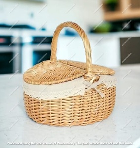 Vintage Wicker Wine Willow Bamboo Wooden Top <b>Picnic</b> <b>Basket</b> <b>Set</b> With Wooden Handle and Lid for 4 Person Rattan <b>Picnic</b> <b>Basket</b> - Product Image 4