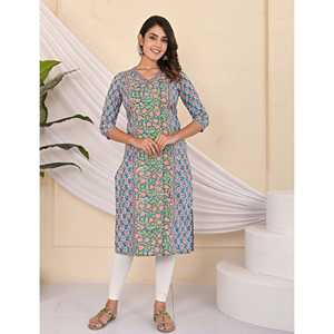 Kurti Verde de Algodón con Estampado Floral, Transpirable, Estilo Casual para el Día o para Salir, con Cintura Natural y Largo hasta el Suelo, Diseño ODM - Product Image 1