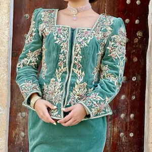 Elegant Designer 2024 <b>Wedding</b> Karakou Dress with Embroidery Green-<b>Jacket</b> Silk Material Beaded Crystal Glass Stones Dabka Work - Product Image 1