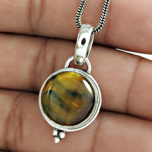 Produit de vente chaud 925 argent Sterling naturel oeil de tigre pierre précieuse pierre ronde pendentif à la mode fait à la main Boho fabricant de bijoux - Product Image 1