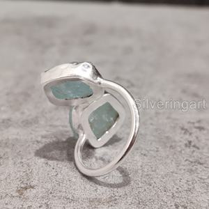 Exportation de bijoux en pierre brute bague pour femme aigue-marine naturelle pierre brute pierre de naissance de mars double pierre bague en argent sterling 925 - Product Image 5