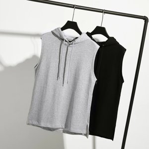 Hot Sale 100% Cotton Men's Sleeveless Hoodie Good Quality Zip Gym Hoody with Drawstring Vest Breathable and Printed Pattern - Product Image 2