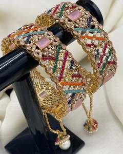 Bracelets de mariage longs pour mariée, plaqués or antique, en acier inoxydable, avec pierres en zircon, pour les événements festifs, style unique, designs tendance, coupe - Product Image 2