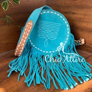 Cuero de gamuza estilo occidental bota Stich nuevo diseñador redondo flecos bolso de mano gran oferta Color turquesa bohemio bolso de mujer - Product Image 1