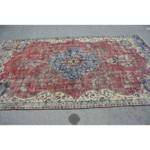 Tapis Vintage Turc Classique Rouge Bleu Patchwork Design 5.9x10.4ft Laine Matériel avec Latex Support Style Tabriz - Product Image 3