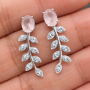 Modernos Pendientes Colgantes de Hoja con Circonita Cúbica y Cuarzo Rosa para Mujer, Plata de Ley Fina con Baño de Rodio, para Aniversario o Compromiso - Product Image 2