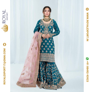 Presentación de seda Chinon de buena calidad con colección de trajes bordados Sharara - Product Image 1