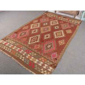 Tapis turc vintage, grand tapis de 5,4 x 8,9 pieds, tapis en laine à imprimé animal brun-rouge - Product Image 2