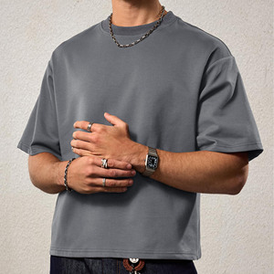 <b>Box</b> Fit 100% Cotton Cropped Oversized T-Shirt for Men Vintage Style Boxy Tee <b>Drop</b> Shoulder Plain Print Streetwear Men's T-Shirts - Product Image 3