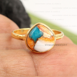 Belle bague en turquoise cuivre naturelle, forme de cœur de 10 mm, argent sterling 925, plaqué or 18 carats, bijoux de mariage - Product Image 3