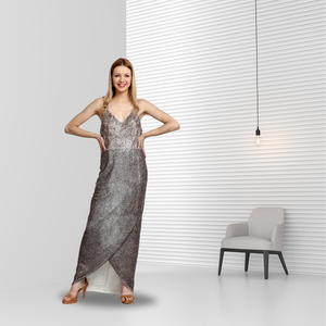 Robe de soirée maxi de luxe haut de gamme, ornée de perles métalliques, très vendue, de créateur, pour soirée, sans manches, col en V, inspirée des robes de mariée - Product Image 4