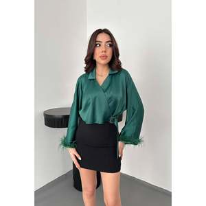 Emerald <b>Feather</b>-Cuffed Satin Crop - Emerald - Product Image 1