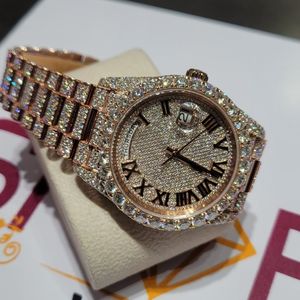 Montre mécanique en or rose scintillant, bijoux de luxe unisexe avec chiffres romains, boîtier en acier inoxydable, écologique - Product Image 6