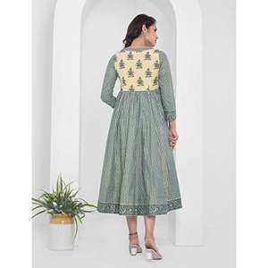 Vestido Anarkali de Algodón con Estampado de Bloques Verde Mar, Diseño Americano Largo - Product Image 6