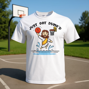 Maglietta promozionale con stampa: Appena ho fatto il slam dunk, battesmi con Gesù giocando a basket - Product Image 3