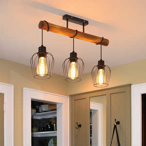 โคมไฟเพดานไม้สไตล์วินเทจ 3 หลอด สำหรับห้องนั่งเล่น ขั้วหลอด E27 ปรับความสูงได้ โคมไฟสปอตไลท์โลหะสีดำ ติดตั้งแบบแขวน - Product Image 5