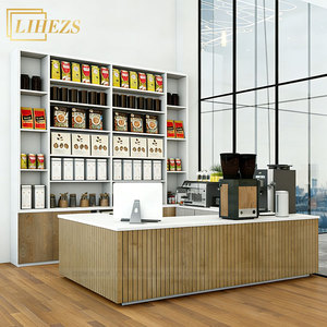 Meubles d'intérieur minimalistes pour café, table de service en bois à lattes, éclairage LED, comptoir de caisse fonctionnel pour boulangerie, pour <span class=keywords><strong>boutique</strong></span> - Product Image 1