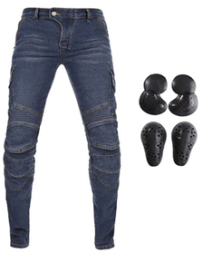 Jean de protection moto D-Ride bleu foncé avec panneaux extensibles, respirant, séchage rapide, mélange polyester/coton, protection genoux et hanches - Product Image 1