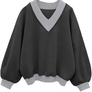 Sweat-shirt à capuche oversize pour femme, col en V, coupe ample, noir/gris, poignets contrastés, ourlet doux et chaud, pull d'hiver décontracté - Product Image 1