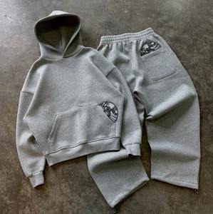 Ensemble de survêtement en coton doux pour homme, vêtements de rue décontractés, broderie personnalisée, épaules tombantes, coupe courte, sweat-shirt à capuche - Product Image 1