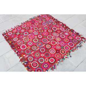 Tapis vintage, tapis turc 3,7x3,4 pieds, tapis Kilim imprimé animaux rouge et vert - Product Image 3