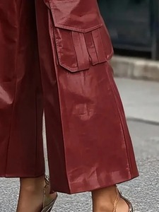 Pantalones urbanos ligeros de cintura alta a la moda informal de otoño 2025 para mujer, pantalones holgados de PU sintética de pierna ancha de Color sólido con bolsillos - Product Image 3