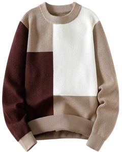 Pull en maille pour homme, coloris beige, blanc et marron, doux, chaud, décontracté, col rond, élégant, pour tous les jours - Product Image 1