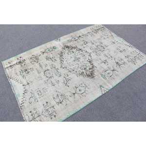 Tapis vintage 3,7x5,8 pieds, tapis turc décoratif, tapis en laine gris bleu à imprimé animal - Product Image 1