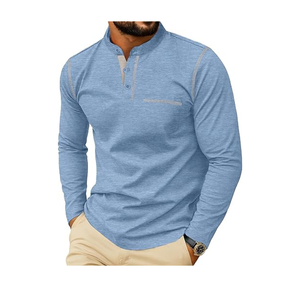 Chemise respirante à manches longues pour homme | Haut élégant à col mandarin avec boutons et poche décorative - Product Image 1