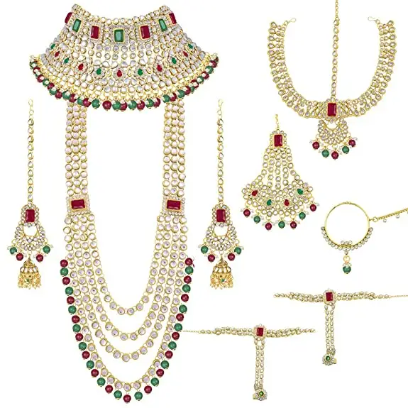 Conjunto de joias para noiva kundan dulhan, étnicas, indiano, tradicional, banhado a ouro, com gargantilha, brincos, maang, tikka, hathphool