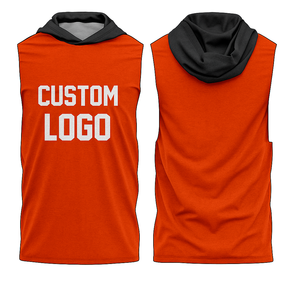 Vente en gros de débardeurs de sport respirants à capuche personnalisés, sans manches, pour l'entraînement, le fitness, la salle de sport, jersey 100% polyester pour hommes - Product Image 6