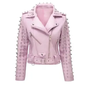 Women Belted Pink Leather Jacket With Studs Jackets With Internal Soft Polyester Lining Real Sheepskin Front flap closure zipper