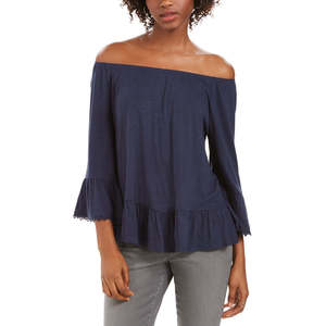 Style & Co Top da donna blu XX-Large con spalle scoperte e maniche a campana, casual, in lino, fantasia scozzese, con colletto a risvolto, lunghezza lunga, vestibilità ampia - Product Image 1
