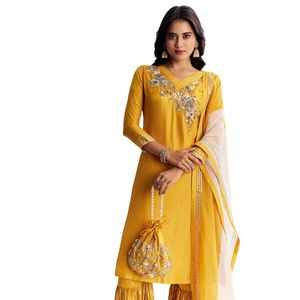 Abito da donna tradizionale indiano matrimonio e festa giallo Gotta Kurta Sharara abito in seta russa - Product Image 3