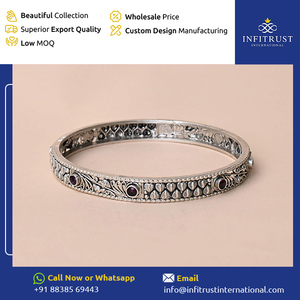 Beautiful Design Highest Selling Floral Motif <b>Ruby</b> Emerald Stone Studded Oxidised Silver Kada Bangles for Wedding Party Wear - Product Image 2